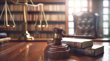 Law Courtroom With Judge Gavel and Books