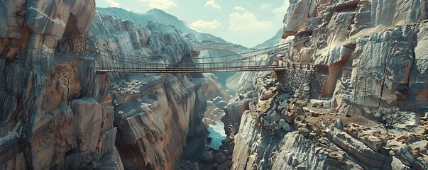 Rugged mountain pass with a narrow suspension bridge spanning a deep gorge, 4K hyperrealistic photo - Powered by Adobe