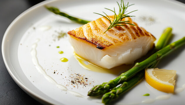 Fine Dining Fish: Atlantic Cod Fillet with Asparagus and Lemon Sauce, Exquisitely Plated on a White Dish, Illuminating a Dark Table in a Gastronomic Overture of Mediterranean Cuisine