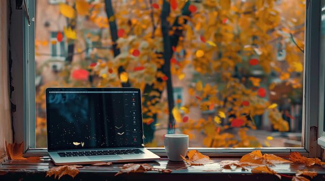 Cozy setup with coffee and laptop by a window overlooking an autumn landscape, featuring vibrant fall foliage and a warm, inviting   Seamless looping 4k time-lapse virtual video animation Generated AI