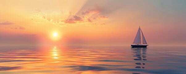 Fototapeta premium Serene sunrise over a calm sea with a lone sailboat on the horizon, 4K hyperrealistic photo