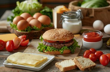 Burger ingredients on the table, with bun, lettuce and tomato slices, and cheese or brioche bread, pieces of egg, a ketchup container and mayonnaise jar, and a wooden background. 
