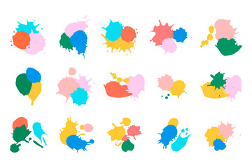 Colorful paint splash, stains, blots of different decorative shapes and forms set isolated on white