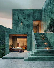 Modern villa entrance painted in deep forest green, cement floor. Outdoor, clean foreground, cloudy, flat view. 3d render.