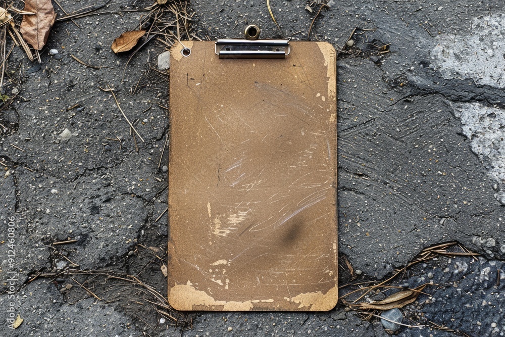 Poster old and scratched clipboard with copy space lying on the ground