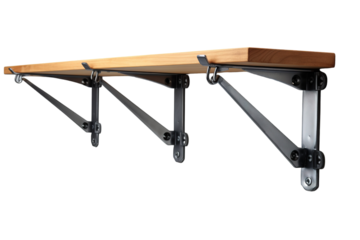 Sturdy Wooden Shelf Supported by Elegant Black Folding Brackets on a White or Clear Surface PNG Transparent Background