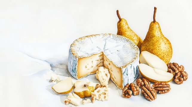 Stilton cheese, bold stilton with pears and walnuts, sophisticated pairing, Watercolor style