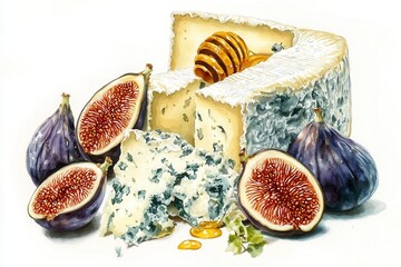 Roquefort cheese, creamy roquefort with figs and honey, luxurious pairing, Watercolor style