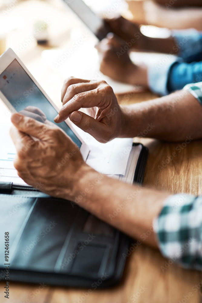 Aufkleber business man, hands and tablet in office for communication, planning and calendar app for schedule. 