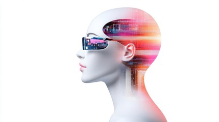 Futuristic concept showcasing an artificial intelligence head with high-tech glasses, symbolizing innovation and technology.