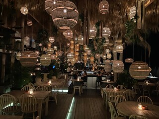 interior of restaurant, lanterns and light