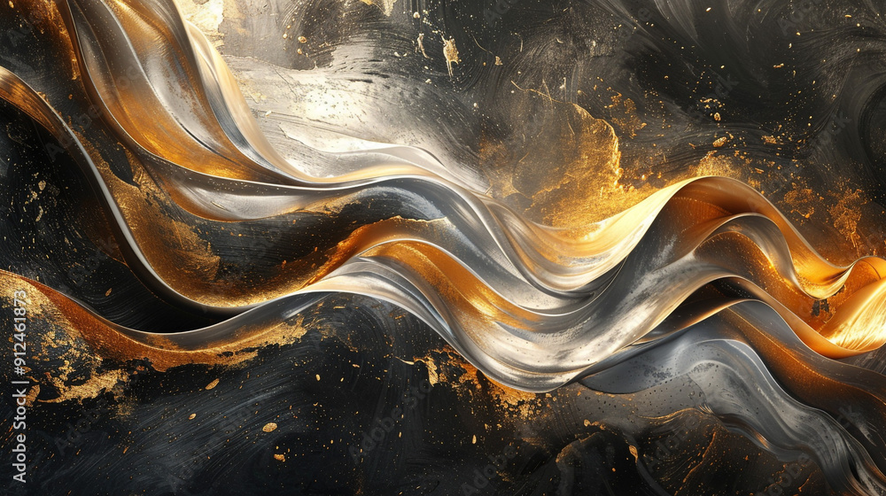 Poster an abstract painting of large, sweeping arcs in metallic silver and gold, creating a dynamic, flowin