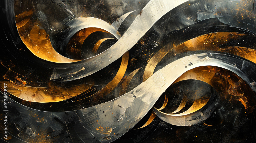Poster an abstract painting of large, sweeping arcs in metallic silver and gold, creating a dynamic, flowin
