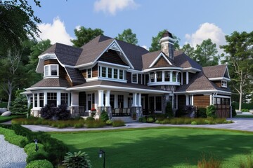 Fototapeta premium Large and luxurious new american craftsman style home with stone chimney is being showcased