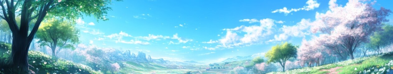 Fototapeta premium Spring Rejuvenation: A High-Detail Hand-Drawn Illustration of Earth's Revival in Spring, Embracing the Season's Magic with Blooming Trees and Newborn Life in Anime Style