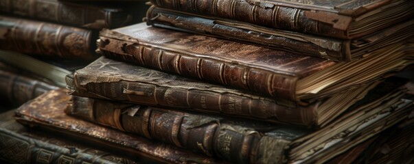 Fototapeta premium Stack of old books with worn leather covers and yellowed pages, 4K hyperrealistic photo