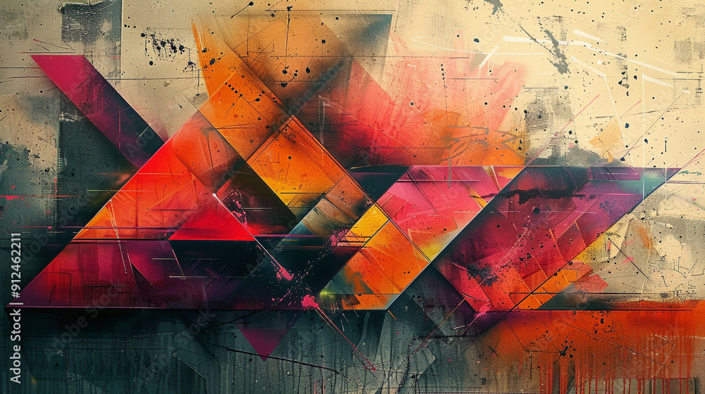 Poster an abstract spray painting of geometric shapes in bright, contrasting colors, with sharp lines and a