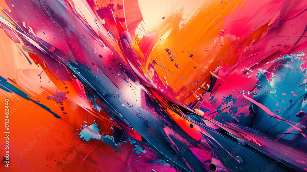 Poster a bold graffiti-style wall art piece featuring a vibrant explosion of colors and abstract shapes, wi