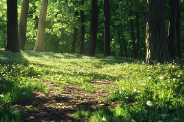 Fototapeta premium Spring's Renewed Breath: A High-Definition Hand-Drawn Illustration Capturing the Gentle Touch of Spring on the Forest Floor with Emerging Shoots and Dappled Light in Anime Style