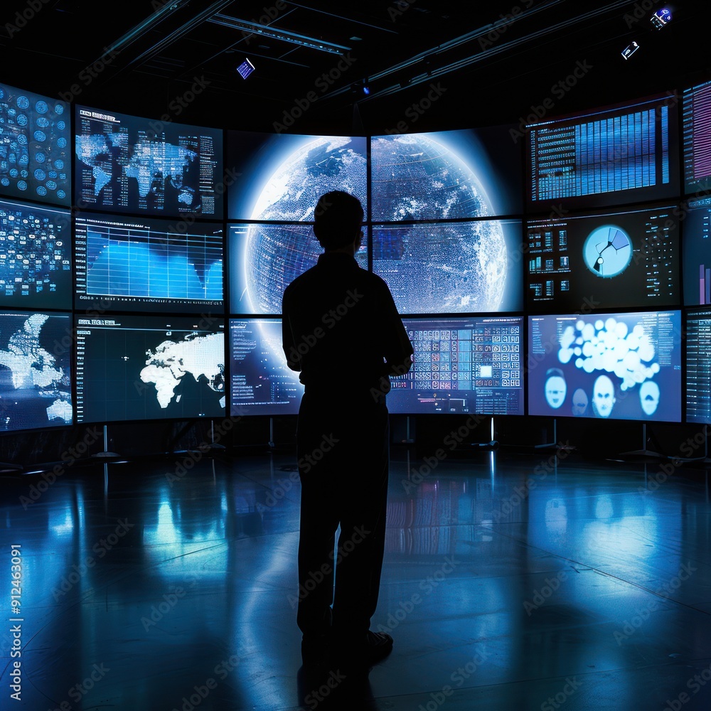Poster man looking at data on multiple screens