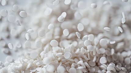 macro shot of white plastic pellets falling in the center of the picture and bouncing, no background, neutral tones 