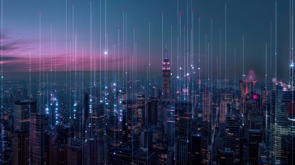 Cityscape at Night with Glowing Lines