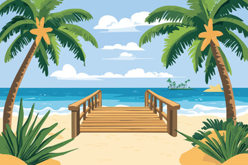 Fototapeta premium Beach with palm trees and a wooden bridge over the sea background vector illustration