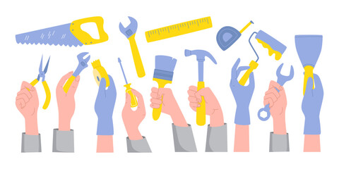 Cartoon human hands holding manual tools for repair work, building construction and carpentry set
