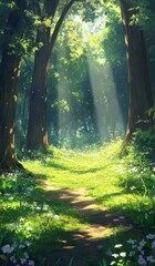 Obraz premium Spring's Renewed Breath: A High-Definition Hand-Drawn Illustration Capturing the Gentle Touch of Spring on the Forest Floor with Emerging Shoots and Dappled Light in Anime Style