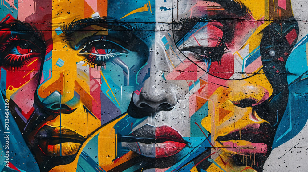 Poster a dynamic graffiti mural featuring abstract human faces in bold, vivid colors, with exaggerated feat