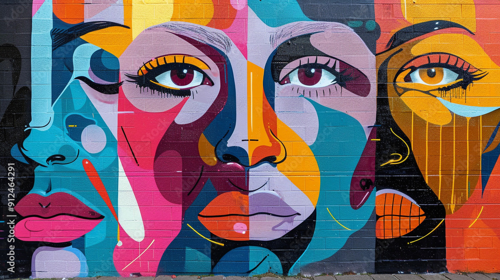Poster a dynamic graffiti mural featuring abstract human faces in bold, vivid colors, with exaggerated feat