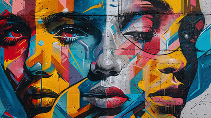 A dynamic graffiti mural featuring abstract human faces in bold, vivid colors, with exaggerated features and intricate linework creating a striking, modern visual.