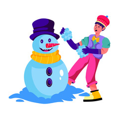 A flat illustration showing a person making snowman 