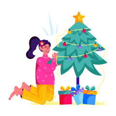 Girl decorating christmas tree with lights, flat illustration 