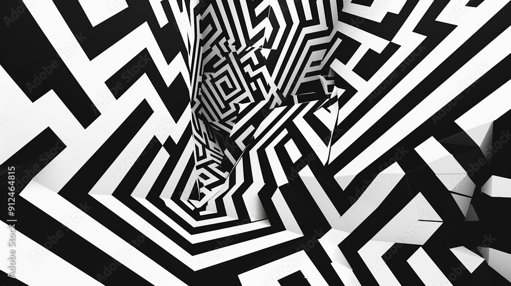 Poster a high-contrast abstract pattern of geometric shapes, sharp lines, and angles in bold black and whit