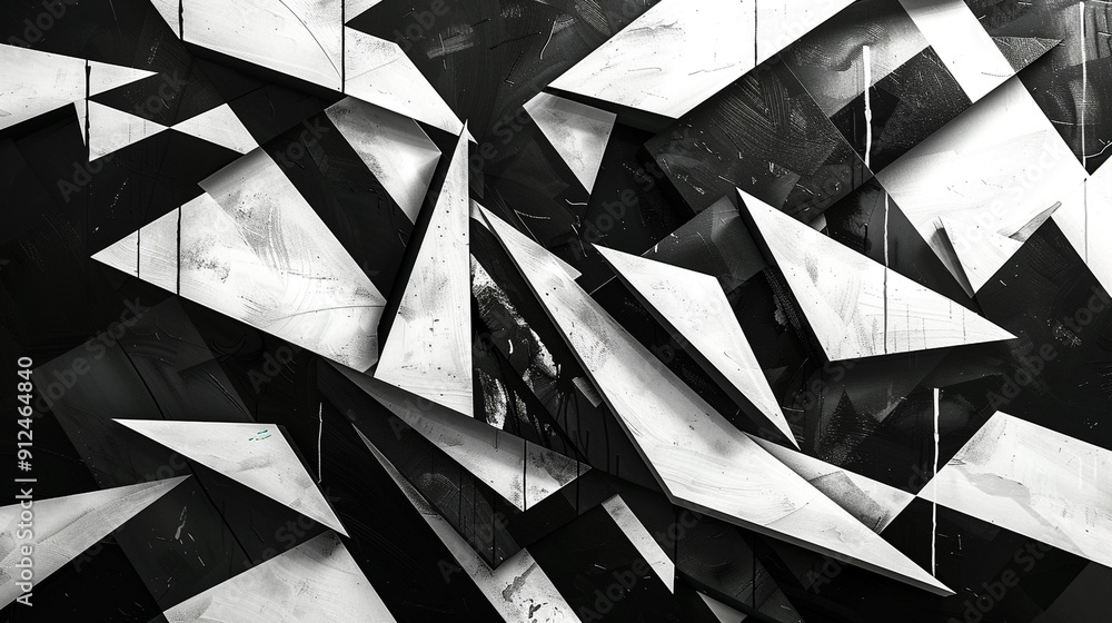 Poster a high-contrast abstract pattern of geometric shapes, sharp lines, and angles in bold black and whit