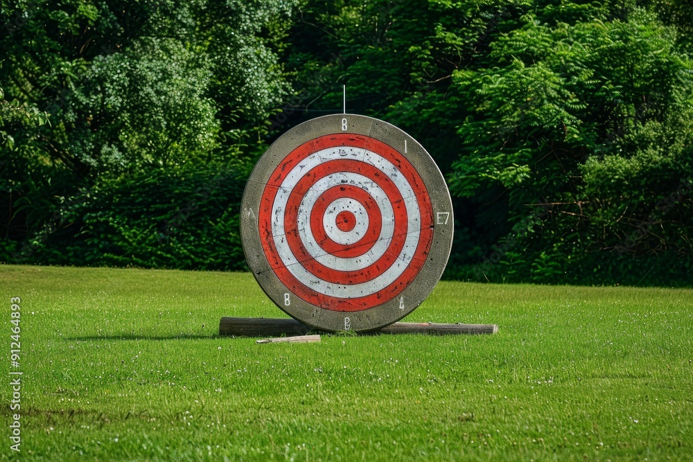 Poster red and white archery target standing on grass in front of forest, representing concepts such as aim