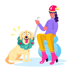 Fototapeta premium Woman with pet enjoying xmas, flat illustration 