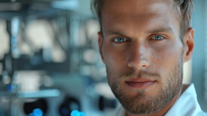 Close-up portrait of a young Swedish male engineer with blue eyes and a beard, standing in an industrial setting with blurred machinery in the background.