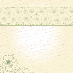 floral frame, a delicate background with a horizontal stripe of silhouettes of blooming peonies, with handwritten text and an empty space in the center. vector illustration of a card, invitation, wedd