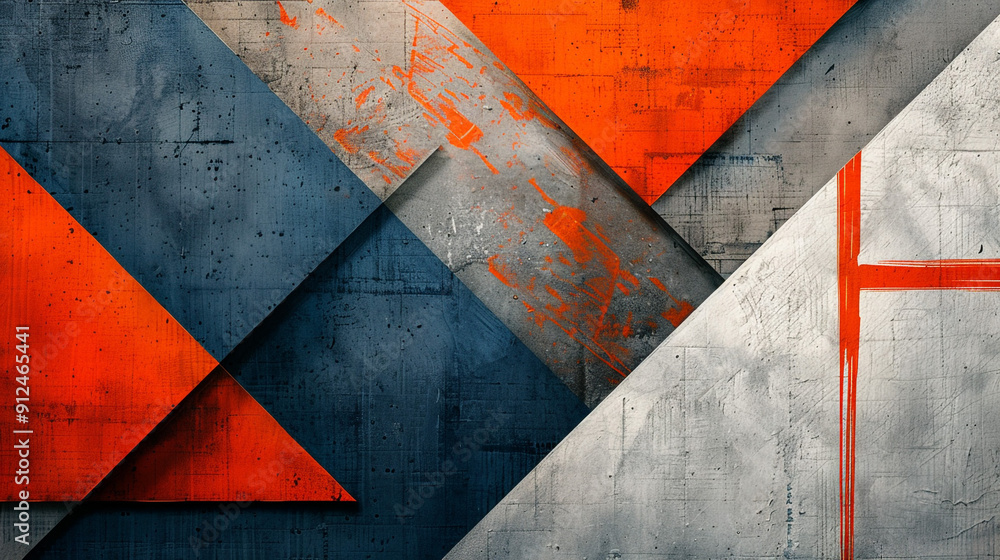 Poster a minimalist abstract design with sharp, clean lines in deep blue and bright orange, intersecting at