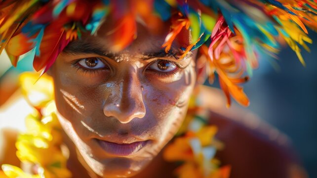 Close-up portrait of a young Tahitian male dancer.