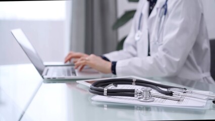 Fototapeta premium Stethoscope and clipboard are lying on the glass table while doctor woman is using tablet computer on the glass table. Medicine concept