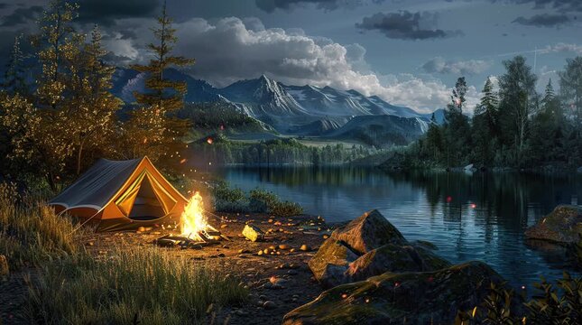 Tent and bonfire by a lake on a fantasy night, creating a magical and cozy outdoor scene with glowing firelight and a mystical ambia Seamless looping 4k time-lapse virtual video animation Generated AI