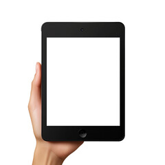 human hand holding black I pad with blank display