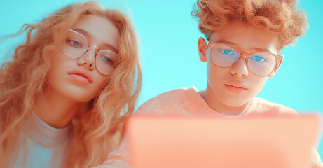 Teenage Siblings Collaborating on Laptop for Online Learning in a Bright Setting