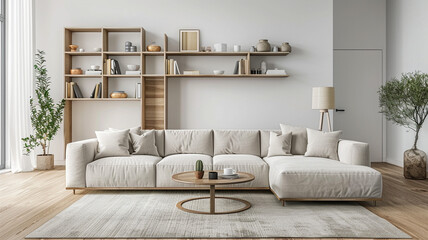 Bright living room interior with large sofa, minimal bookshelves