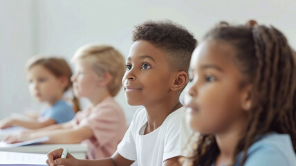 Children  study in a clean white classroom