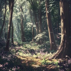 Spring's Renewed Breath: A High-Definition Hand-Drawn Illustration Capturing the Gentle Touch of Spring on the Forest Floor with Emerging Shoots and Dappled Light in Anime Style