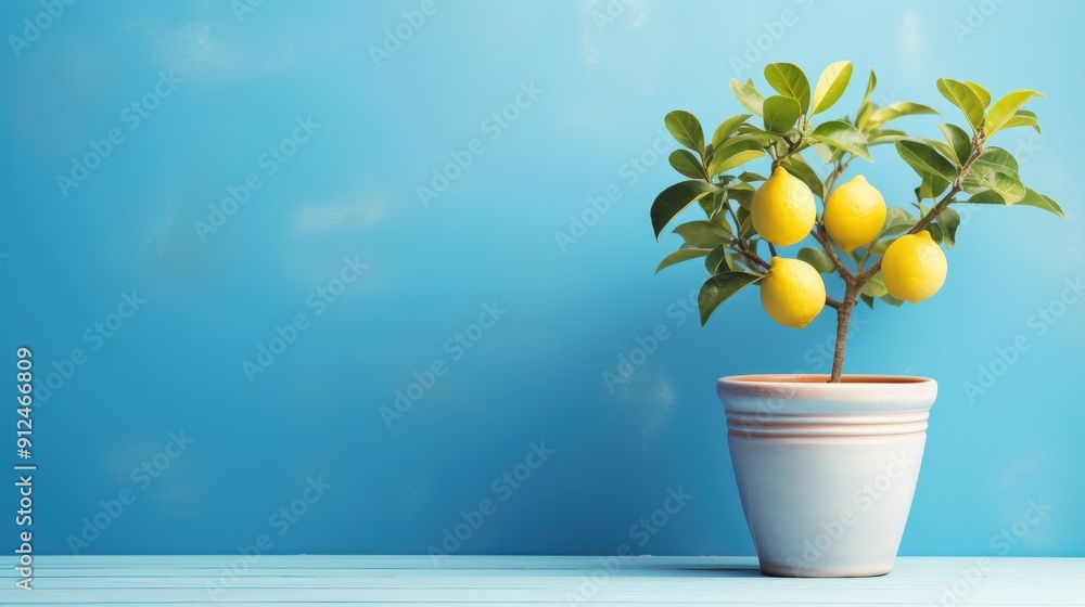 Poster lemon tree in pot against blue wall